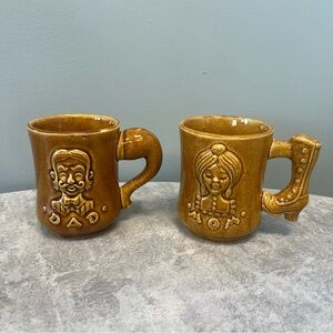 Vintage Brown Ceramic 'Dad' and 'Mom' Mugs